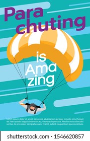 Parachuting is amazing poster vector template. Skydiving. Brochure, cover, booklet page concept design with flat illustrations. Extreme sport. Advertising flyer, leaflet, banner layout idea