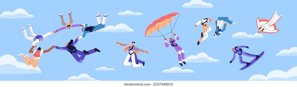 Parachuting banner. Active people do extreme activities, skydiving. Parachutist jumping, flying in sky among clouds. Jumpers soaring in air, falling from height in flight. Flat vector illustration