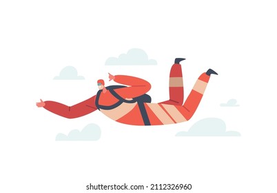 Parachuting, Base Jumping Sport Activity, Extreme Recreation. Skydiver Character Making Jump with Parachute Enjoying Protracted Fall Flying in Sky, Skydiving Hobby. Cartoon Vector Illustration