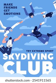 Parachuting event poster. Promotion design of skydiving lessons, group training of free falling. Advertising of extreme flight in the sky. Parachutists jumping, flying in air. Flat vector illustration