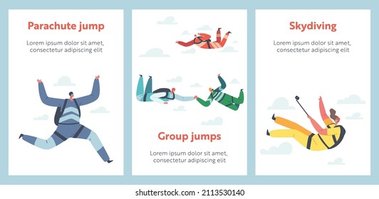 Parachuting Extreme Sport Activities Cartoon Banners, People Recreation. Skydiver Characters Making Protracted Jump with Parachute, Record Video on Smartphone. Skydiving Flying. Vector Posters