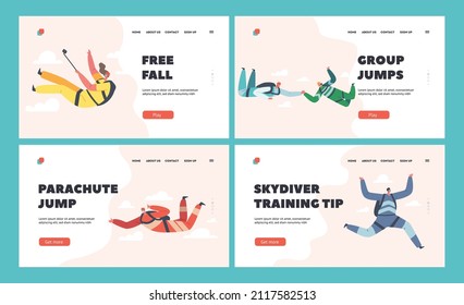 Parachuting Extreme Sport Landing Page Template Set. Recreation. Skydiver Characters Making Protracted Jump with Parachute, Record Video on Smartphone. Skydiving Flying. Cartoon Vector Illustration