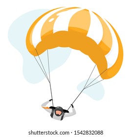 Parachuting flat vector illustration. Skydiving experience. Extreme sports. Active lifestyle. Outdoor activities. Sportsman, parachutist isolated cartoon character on white background