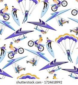 Parachuting and hang gliding seamless pattern. Extreme sports, hobbies and leisures, activities set. Parachute and glider, deltaplan or aircraft riding. Skydiving lessons vector in flat sty