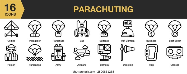 Conjunto de iconos de paracaidismo. Incluye avión, ejército, gafas, deslizamiento, parapente y más. Colección de Vector de iconos de contorno.