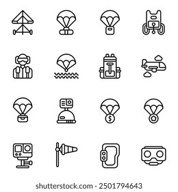 Parachuting icon set. Includes airplane, army, glasses, gliding, paraglider, and More. Outline icons vector collection.