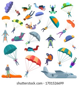 Parachuting icons set. Cartoon set of parachuting vector icons for web design
