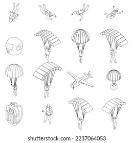 Parachuting icons set. Isometric set of parachuting vector icons outline on white thin line collection