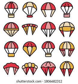 Parachuting icons set. Outline set of parachuting vector icons thin line color flat on white