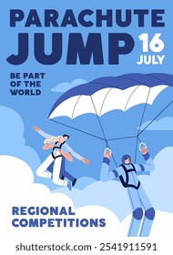 Parachuting jumping event poster. Promotion design of skydiving competition, training of free falling in sky. Advertising of extreme flight with parachutists flying in air. Flat vector illustration