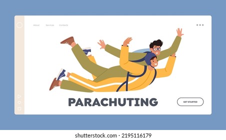 Parachuting Landing Page Template. Skydiving, Extreme Paragliding Activities, Sport Recreation. Skydiver Characters Jumping with Parachute in Tandem Soar Together in Sky. Cartoon Vector Illustration