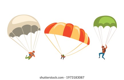 Parachuting Man Paratrooper Descenting Using Parachute Vector Set