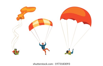 Parachuting Man Paratrooper Descenting Using Parachute Vector Set
