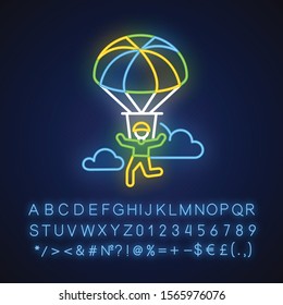 Parachuting neon light icon. Paragliding, paratrooping. Air extreme sport. Skydiving, hang gliding. Flights in sky and jumps with parachute. Glowing alphabet, numbers. Vector isolated illustration