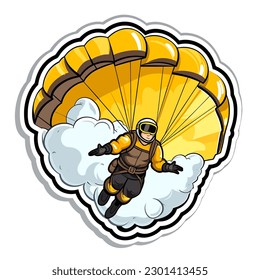 Parachuting. Paratroopers or parachutist free-falling and descending with parachutes. vector illustration, isolated background, label, sticker