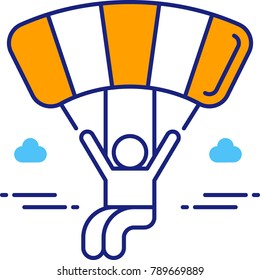 Parachuting person, paragliding or skydiving vector icon. Extreme sports concept. Illustration of man with a parachute flying.