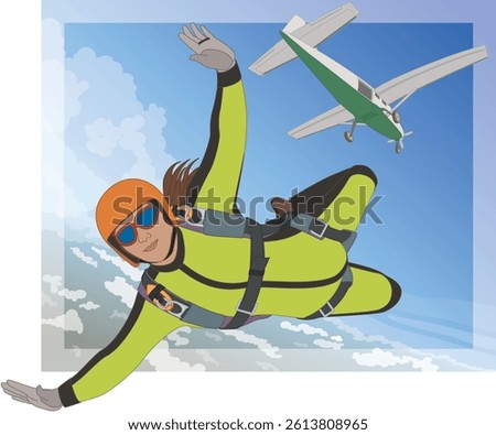 parachuting, skydiving, female skydiver jumping out of an airplane descending rapidly in free-fall, mid-air against the backdrop of blue sky and the ground below