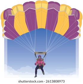 parachuting, skydiving, female skydiver under a ram-air canopy descending in mid-air against a backdrop of blue sky
