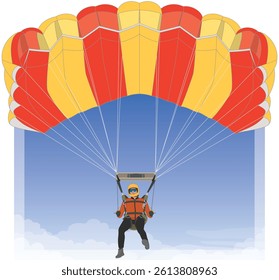 parachuting, skydiving, male skydiver under a ram-air canopy descending in mid-air against a backdrop of blue sky