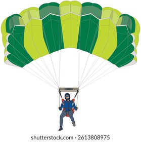 parachuting, skydiving, male skydiver under a ram-air canopy descending in mid-air isolated on a white background