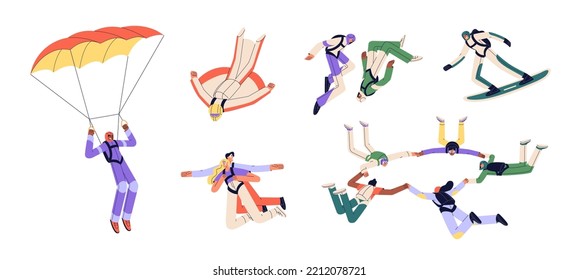 Parachuting, skydiving set. Parachutist, skydivers jumping, flying, landing, floating at height. Sky jumpers in action. Extreme sport activity. Flat vector illustrations isolated on white background