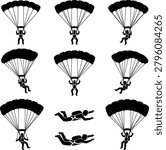 Parachuting and Skydiving Silhouette Set Vector Illustration Collection Featuring Paratrooper Landing and Freefall Adventure Sports Actions