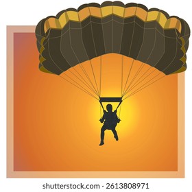parachuting, skydiving, skydiver silhouette under a ram-air canopy descending in mid-air against the backdrop of a sunset sky