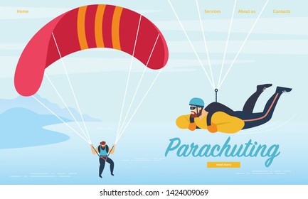 Parachuting, Skydiving Sports Activity. Sportsmen Floating in Sky with Parachutes on Seascape and Mountains View Background. Hobby, Leisure, Extreme Sport, Cartoon Flat Vector Illustration, Banner