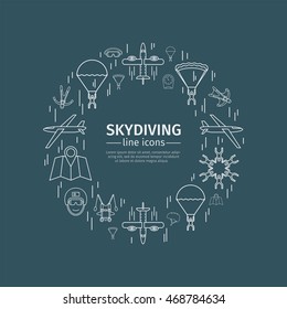 Parachuting. Skydiving. Thin line icon set. Vector skydiving concept for banners, flyers, cards, web and mobile applications.