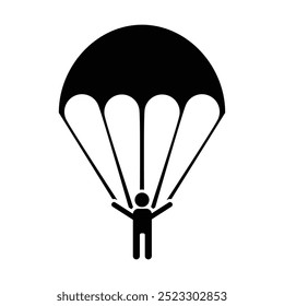 Projeto de ícone de vetor plano preto e branco paraquedista. Símbolo de paraquedas e design de clip-art
