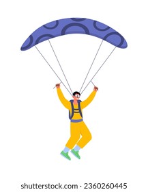 Parachutist with blue parachute concept. Active lifestyle and extreme sports. Young guy skidiving. Poster or banner. Cartoon flat vector illustration isolated on white background