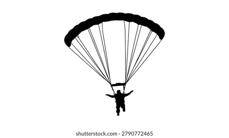 Parachutist descending under open white and black parachute against clear sky