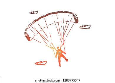 Parachutist, extreme, skydiving, sport, fly concept. Hand drawn parachutist on a sports parachute concept sketch. Isolated vector illustration.