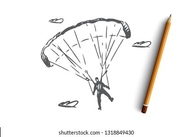 Parachutist, extreme, skydiving, sport, fly concept. Hand drawn parachutist on a sports parachute concept sketch. Isolated vector illustration.