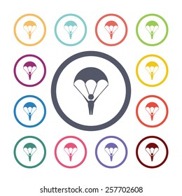 parachutist flat icons set. Open colorful buttons 