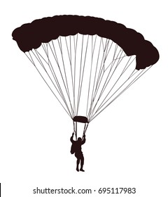 Parachutist in flight vector silhouette illustration isolated on white background. Insurance risk concept. Man in air jump. Skydiver acrobatics. Military air desant. Airborne force. Airdrop soldier.