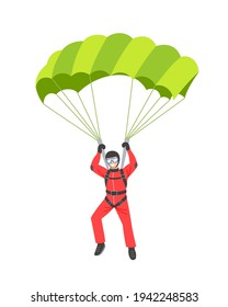 Paracaidista volando con un paracaídas verde. Ilustración plana de paracaidismo y vector aislada en fondo blanco.