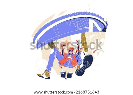 Parachutist flying through clouds with camera vector illustration. Fun outdoor activity flat style. Skydiving, parachuting sport, extreme activity concept. Isolated on white background