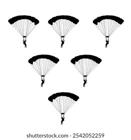 Formación de paracaidista en la ilustración de la silueta del Vector de vuelo aislada. Ejército de salto aéreo acróbata deporte extremo. Acrobacias de paracaidista. Grupo de aterrizaje aéreo militar. Fuerza aerotransportada. Soldados de lanzamiento aéreo.