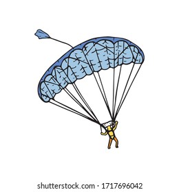 Parachutist Gliding Through The Air With A Blue Parachute And Going For Landing, Hand Drawn Colored Illustration. Parachuting Is Simple And Authentic Extreme Sport, Cartoon Pen Drawing Graphic Logo.