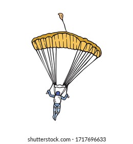 Parachutist Gliding Through The Air With A Yellow Parachute And Attempting For Landing, Hand Drawn Colored Illustration. Parachuting Simple And Authentic Extreme Sport, Cartoon Pen Drawing Logo Icon.