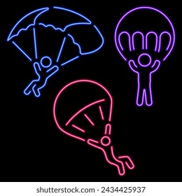 Parachutist group of neon icons, vector illustration on black background.