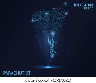 Parachutistisches Hologramm. Holografische Projektion des Skydivers. Flickender Energiefluss von Partikeln. Wissenschaftliches Design des Skydiving