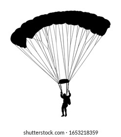 Parachutist man in flight vector silhouette illustration isolated on white background. Air jump acrobat extreme sport. Skydiver acrobatics. Military air landing. Airborne force. Airdrop soldier.