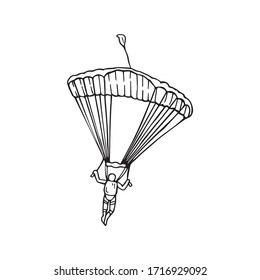 Parachutist navigating through the air, hand drawn outline illustration. Person with parachute gliding and enjoying in extreme sport cartoon drawing symbol. Glider high in the air and doing stunts.