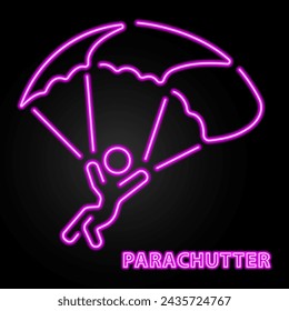 Parachutist neon sign, modern glowing banner design, colorful modern design trend on black background. Vector illustration.