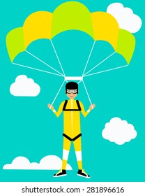 Parachutist on background sky. Concept of active rest. Vector illustration