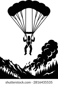 Parachutist, parachute, fire, forest, mountains, skydiving.