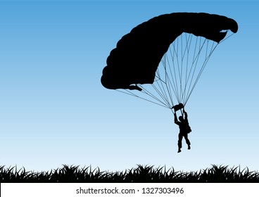 Parachutist silhouette illustration isolated on sky background. Insurance risk concept, Man in air jump