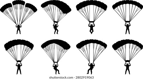 Parachutist silhouettes in skydiving action, extreme sport athlete icons, canopy descending figures, adventurous air jump isolated on white background